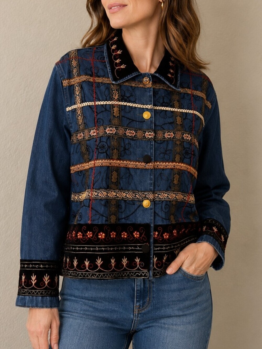 VTG TANTRUMS 1990s Denim Brocade Ribbon Embroidered Button Down Festival Shacket